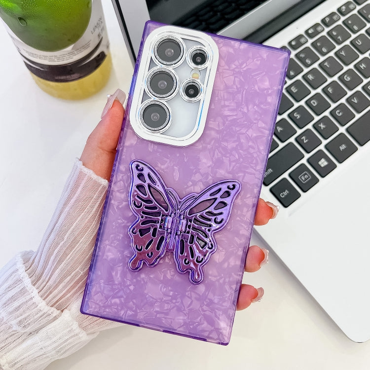 For Samsung Galaxy S23 Ultra 5G Plating Glitter Texture Butterfly Holder TPU Phone Case with Lens Film