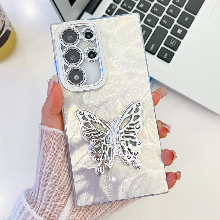 For Samsung Galaxy S23 Ultra 5G Plating Glitter Texture Butterfly Holder TPU Phone Case with Lens Film