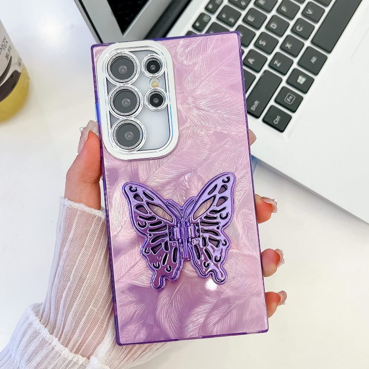 For Samsung Galaxy S23 Ultra 5G Plating Glitter Texture Butterfly Holder TPU Phone Case with Lens Film
