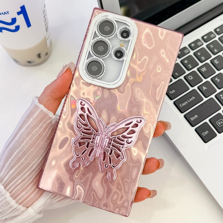 For Samsung Galaxy S23 Ultra 5G Plating Glitter Texture Butterfly Holder TPU Phone Case with Lens Film