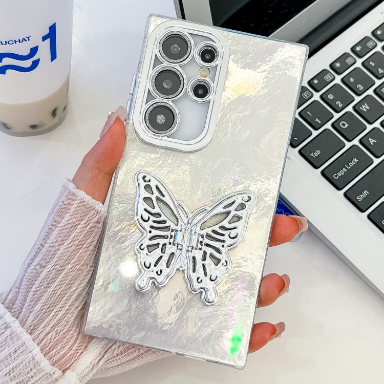 For Samsung Galaxy S23 Ultra 5G Plating Glitter Texture Butterfly Holder TPU Phone Case with Lens Film