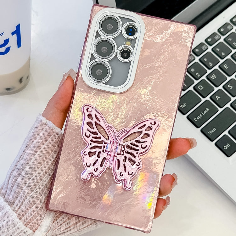 For Samsung Galaxy S23 Ultra 5G Plating Glitter Texture Butterfly Holder TPU Phone Case with Lens Film