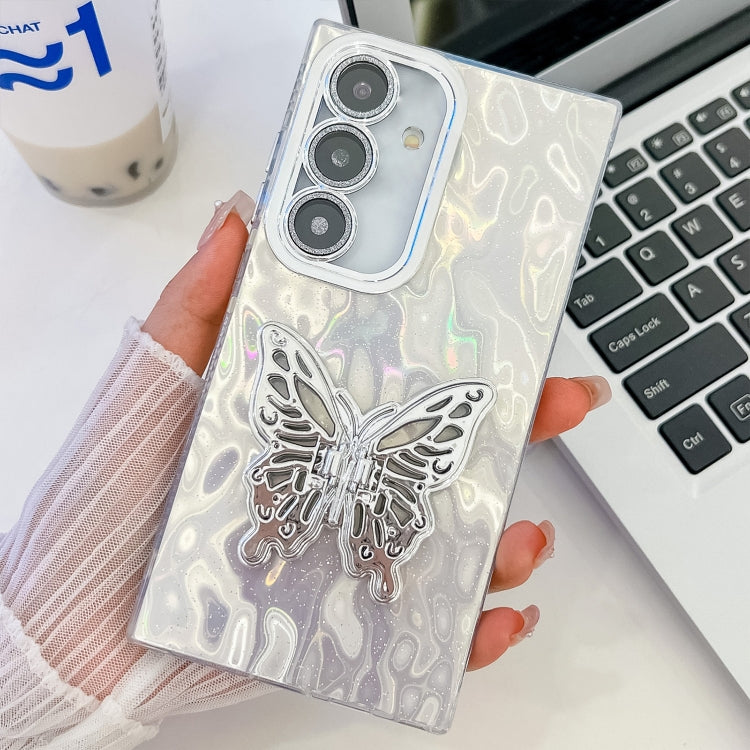 For Samsung Galaxy A36 5G Plating Glitter Texture Butterfly Holder TPU Phone Case with Lens Film