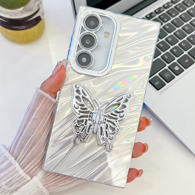 For Samsung Galaxy S25 5G Plating Glitter Texture Butterfly Holder TPU Phone Case with Lens Film