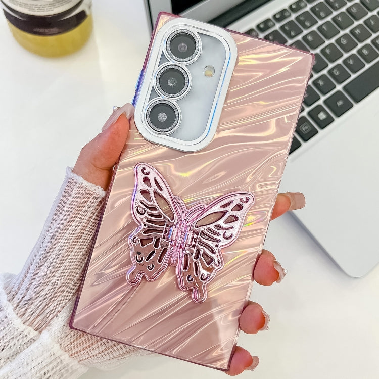 For Samsung Galaxy S25 5G Plating Glitter Texture Butterfly Holder TPU Phone Case with Lens Film