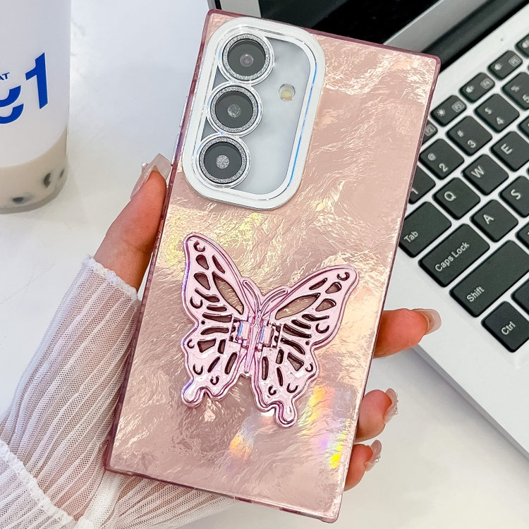For Samsung Galaxy S25 5G Plating Glitter Texture Butterfly Holder TPU Phone Case with Lens Film