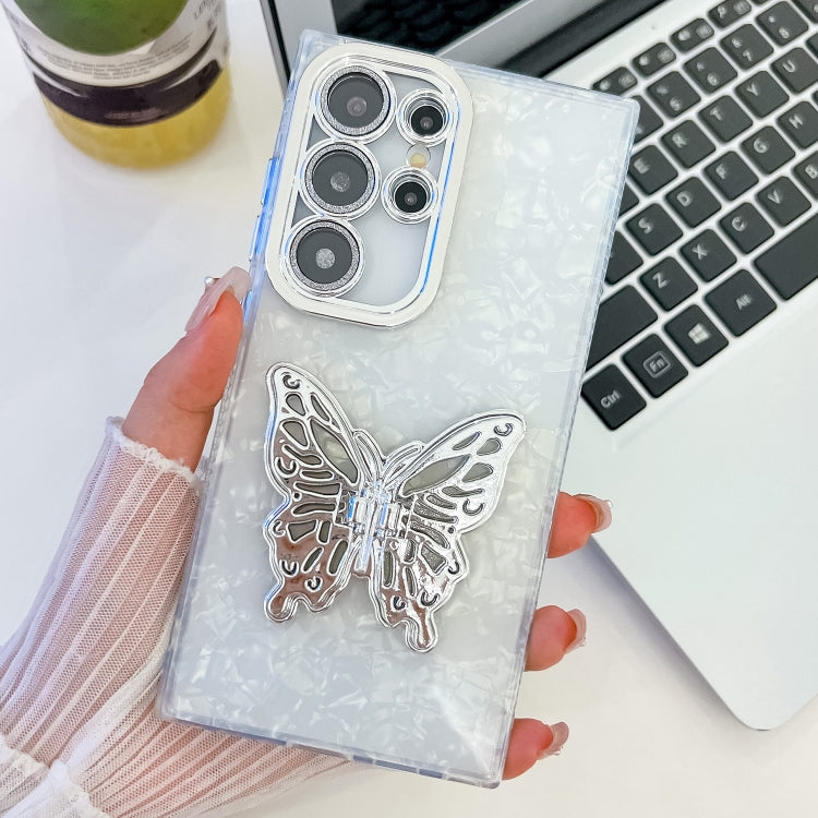 For Samsung Galaxy S25 Ultra 5G Plating Glitter Texture Butterfly Holder TPU Phone Case with Lens Film