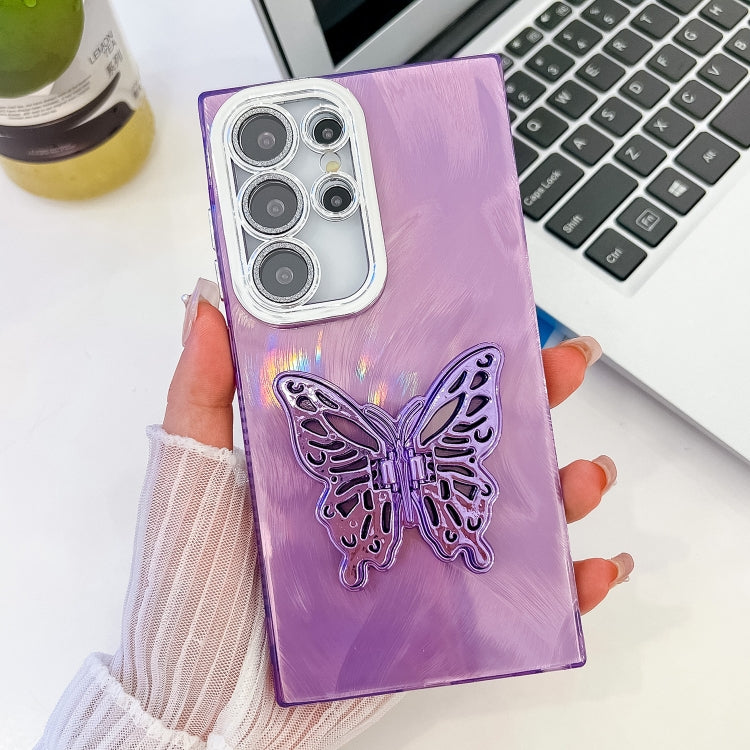 For Samsung Galaxy S25 Ultra 5G Plating Glitter Texture Butterfly Holder TPU Phone Case with Lens Film