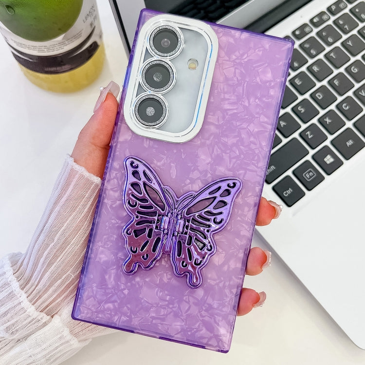 For Samsung Galaxy A16 5G Plating Glitter Texture Butterfly Holder TPU Phone Case with Lens Film