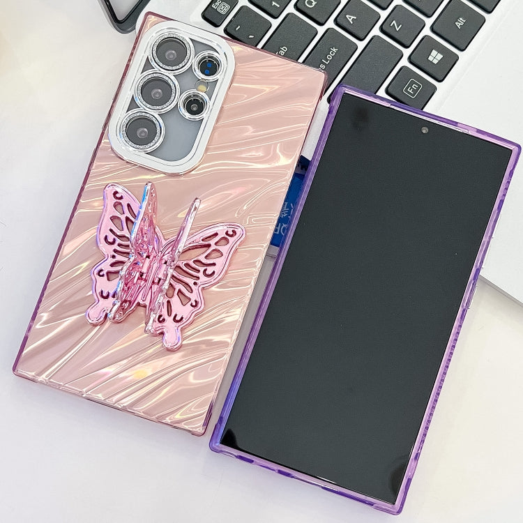 For Samsung Galaxy A35 5G Plating Glitter Texture Butterfly Holder TPU Phone Case with Lens Film