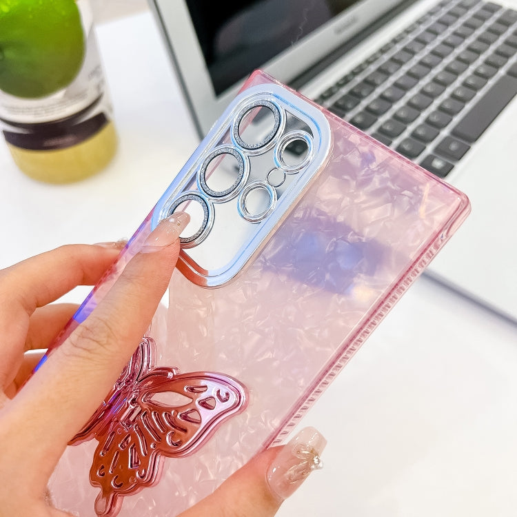 For Samsung Galaxy S24+ 5G Plating Glitter Texture Butterfly Holder TPU Phone Case with Lens Film