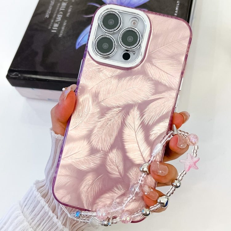 For iPhone 16 Pro Max Plating Glitter Texture Chain Wristband TPU Phone Case with Lens Film