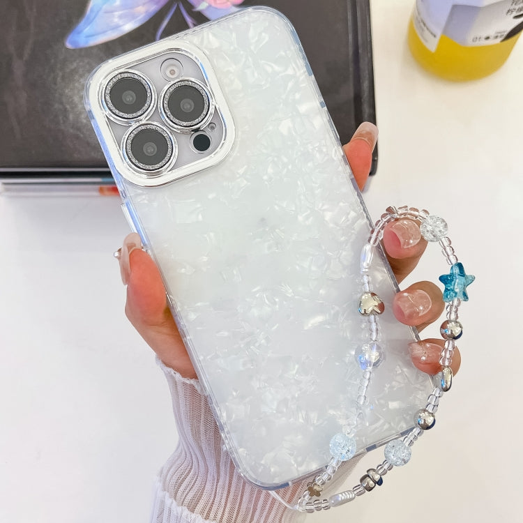 For iPhone 16 Pro Plating Glitter Texture Chain Wristband TPU Phone Case with Lens Film