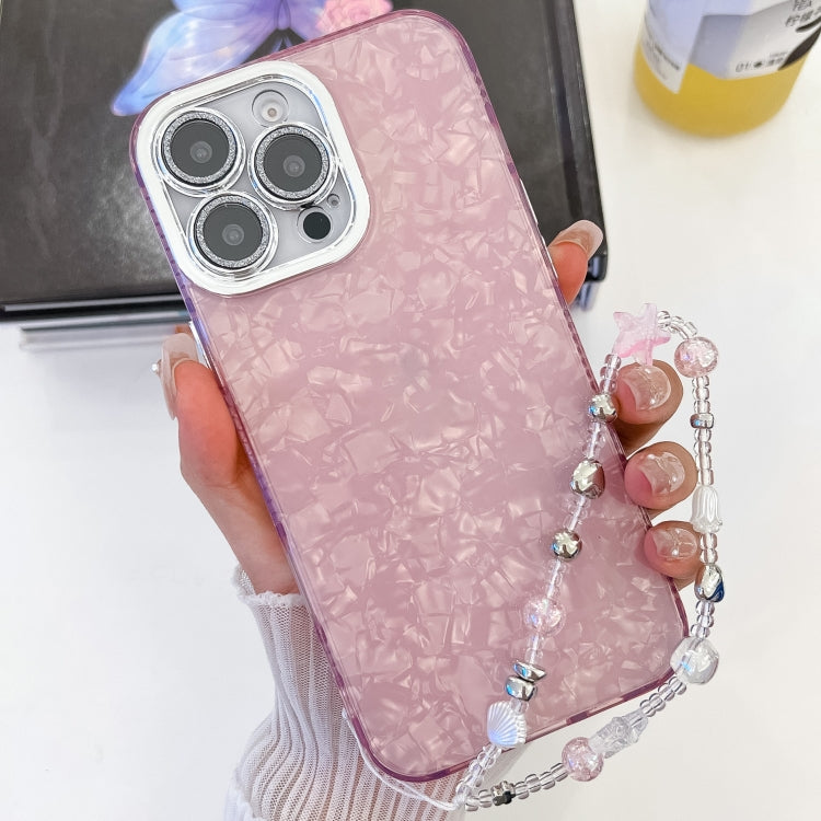 For iPhone 16 Pro Plating Glitter Texture Chain Wristband TPU Phone Case with Lens Film
