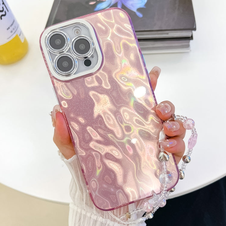 For iPhone 16 Pro Plating Glitter Texture Chain Wristband TPU Phone Case with Lens Film