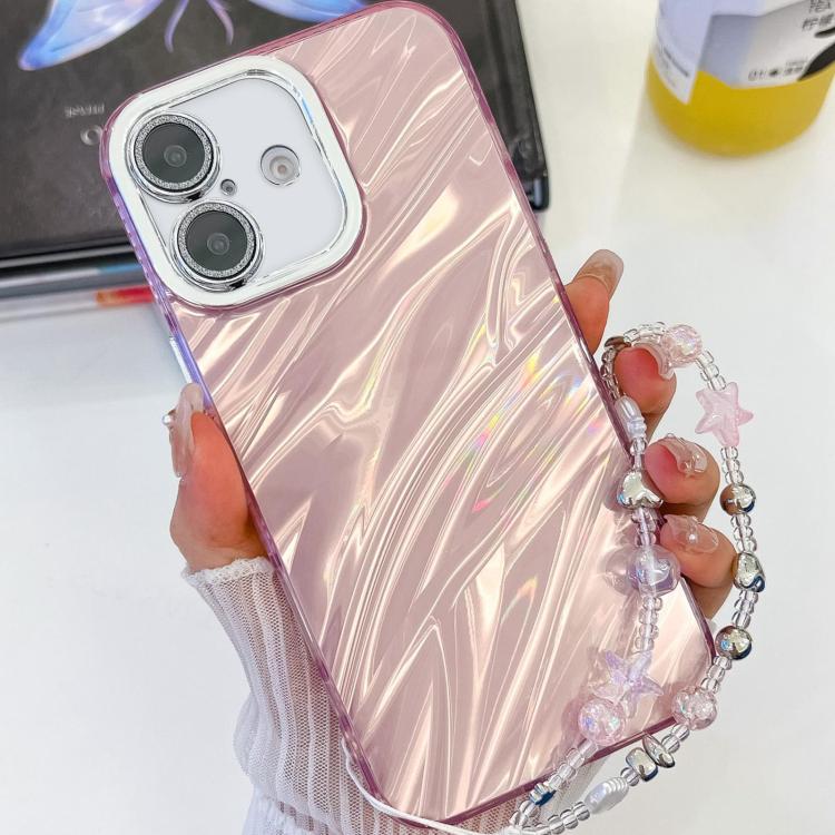 For iPhone 16 Plus Plating Glitter Texture Chain Wristband TPU Phone Case with Lens Film