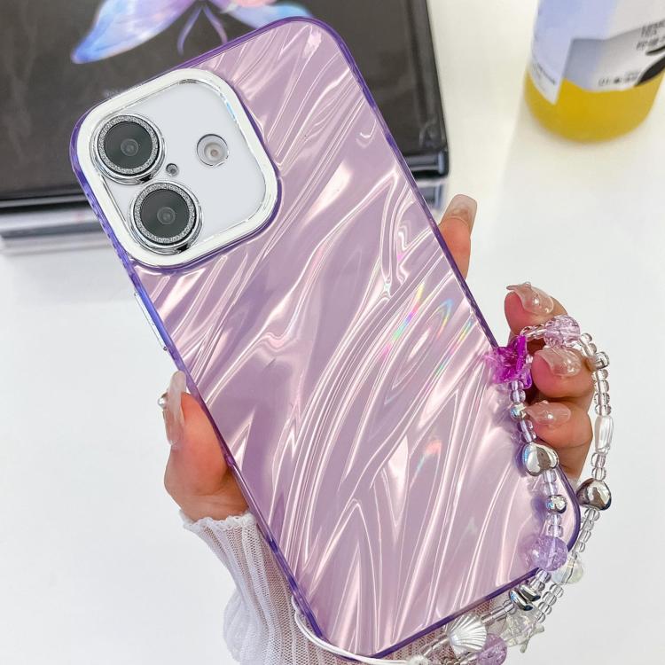 For iPhone 16 Plus Plating Glitter Texture Chain Wristband TPU Phone Case with Lens Film