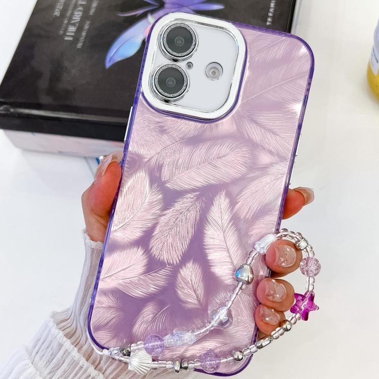 For iPhone 16 Plus Plating Glitter Texture Chain Wristband TPU Phone Case with Lens Film