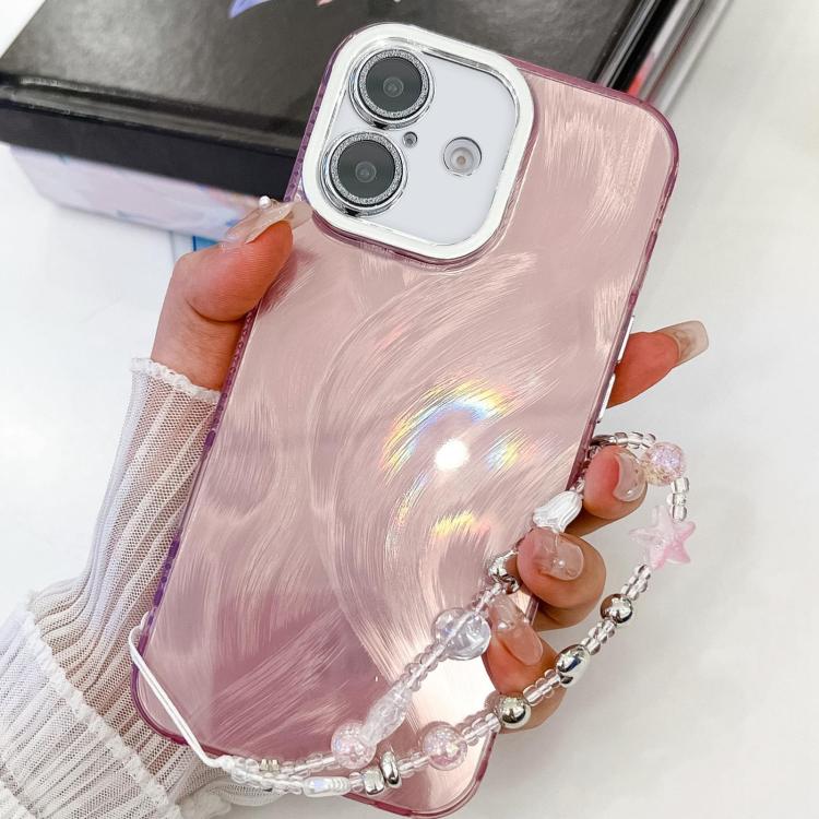 For iPhone 16 Plus Plating Glitter Texture Chain Wristband TPU Phone Case with Lens Film