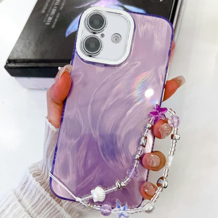 For iPhone 16 Plus Plating Glitter Texture Chain Wristband TPU Phone Case with Lens Film