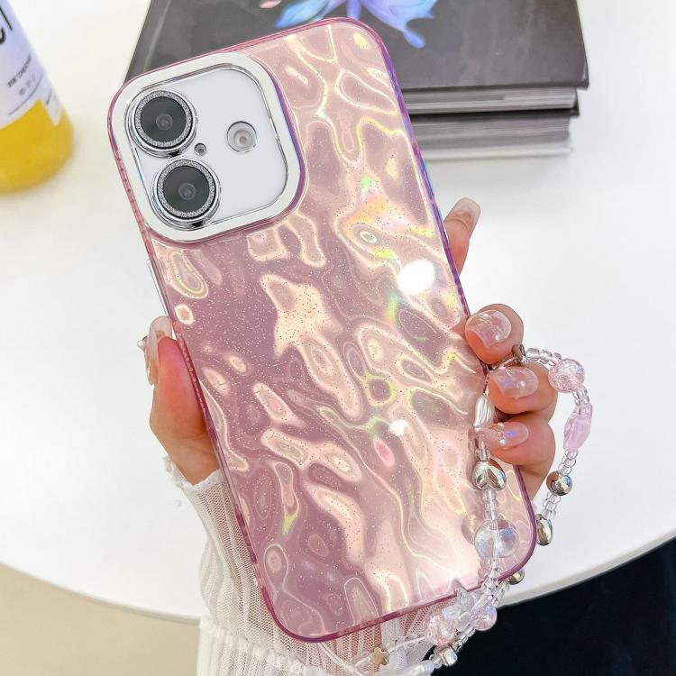For iPhone 16 Plus Plating Glitter Texture Chain Wristband TPU Phone Case with Lens Film