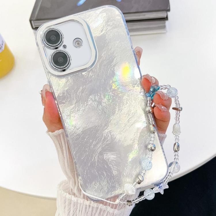 For iPhone 16 Plus Plating Glitter Texture Chain Wristband TPU Phone Case with Lens Film