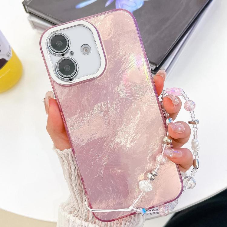For iPhone 16 Plus Plating Glitter Texture Chain Wristband TPU Phone Case with Lens Film