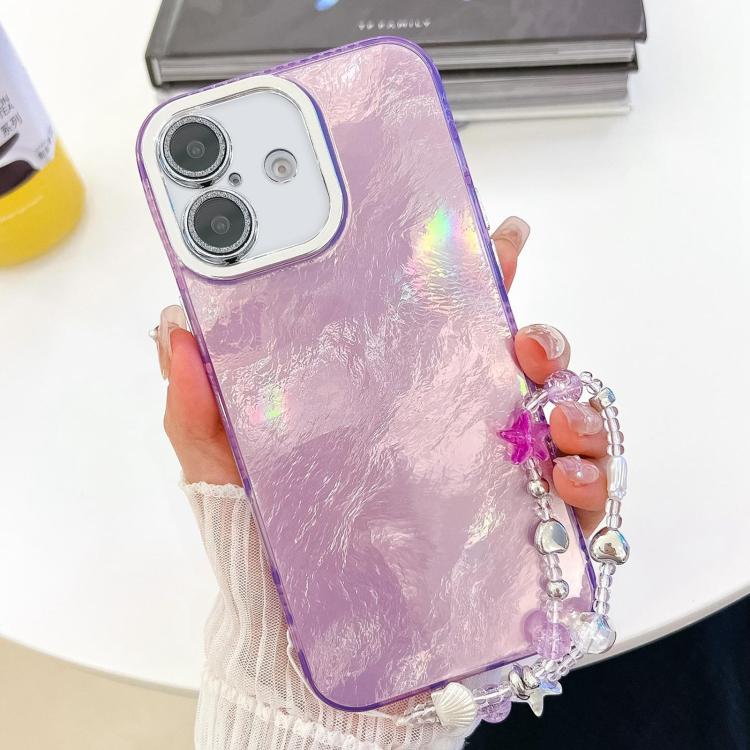 For iPhone 16 Plus Plating Glitter Texture Chain Wristband TPU Phone Case with Lens Film