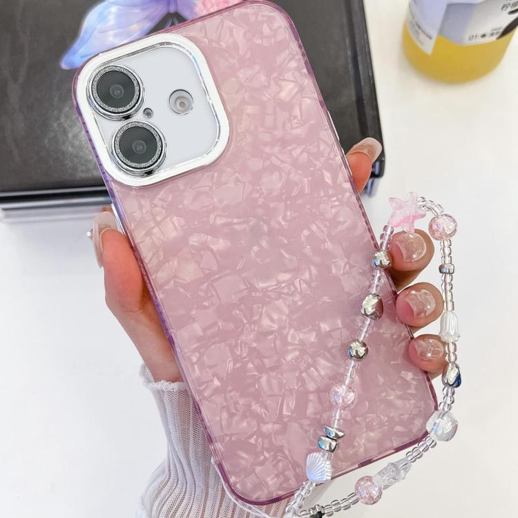 For iPhone 16 Plating Glitter Texture Chain Wristband TPU Phone Case with Lens Film