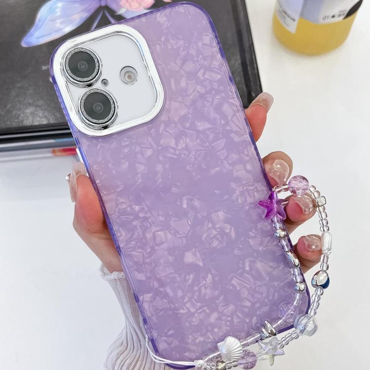 For iPhone 16 Plating Glitter Texture Chain Wristband TPU Phone Case with Lens Film
