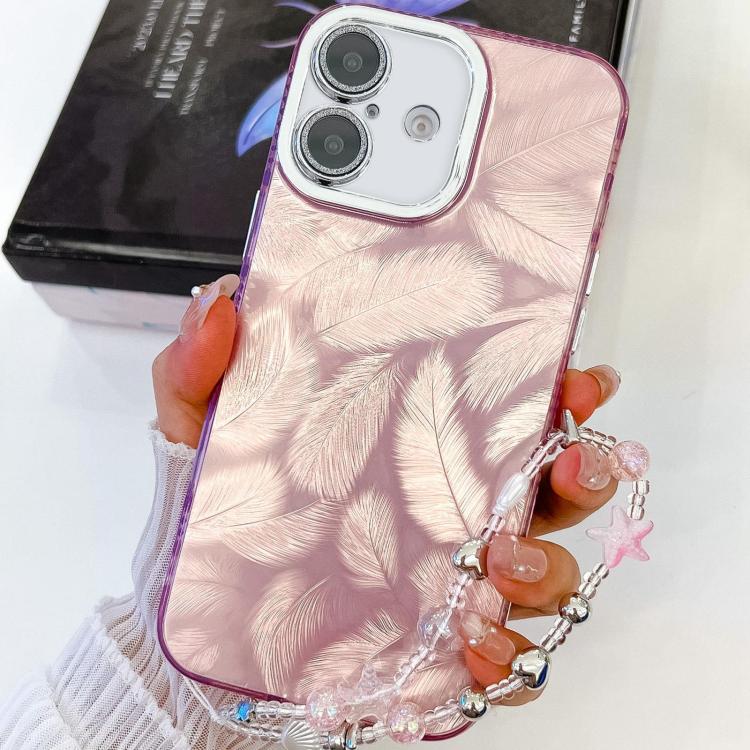 For iPhone 16 Plating Glitter Texture Chain Wristband TPU Phone Case with Lens Film