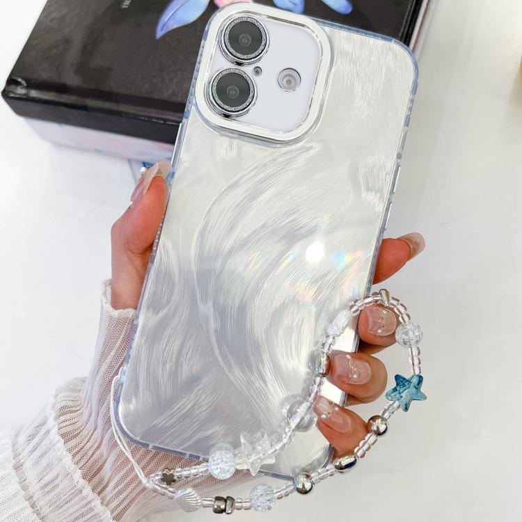 For iPhone 16 Plating Glitter Texture Chain Wristband TPU Phone Case with Lens Film