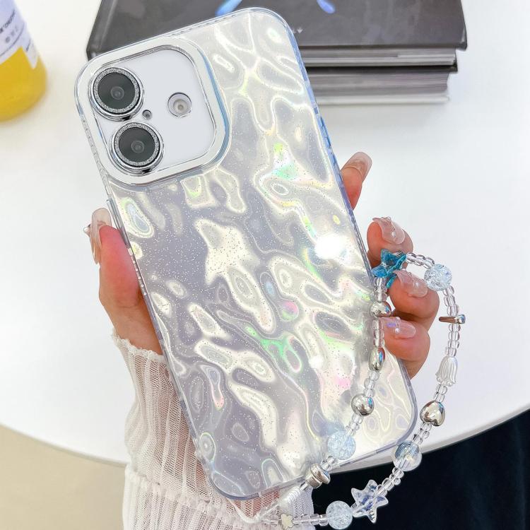 For iPhone 16 Plating Glitter Texture Chain Wristband TPU Phone Case with Lens Film