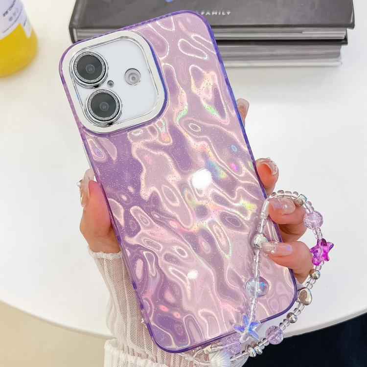 For iPhone 16 Plating Glitter Texture Chain Wristband TPU Phone Case with Lens Film