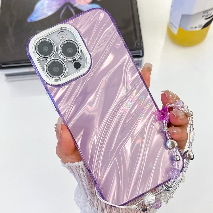 For iPhone 15 Pro Max Plating Glitter Texture Chain Wristband TPU Phone Case with Lens Film