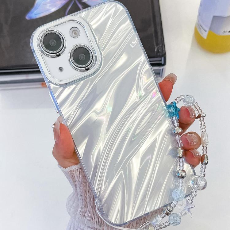 For iPhone 15 Plating Glitter Texture Chain Wristband TPU Phone Case with Lens Film