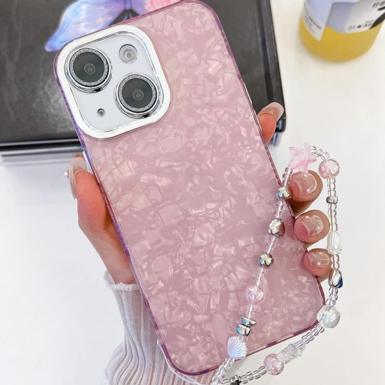 For iPhone 15 Plating Glitter Texture Chain Wristband TPU Phone Case with Lens Film