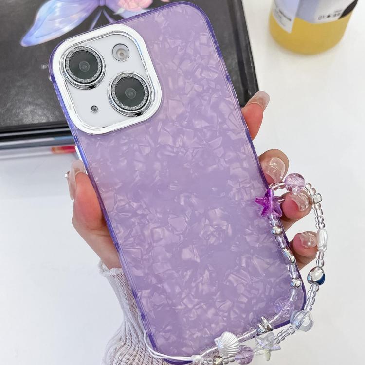 For iPhone 15 Plating Glitter Texture Chain Wristband TPU Phone Case with Lens Film