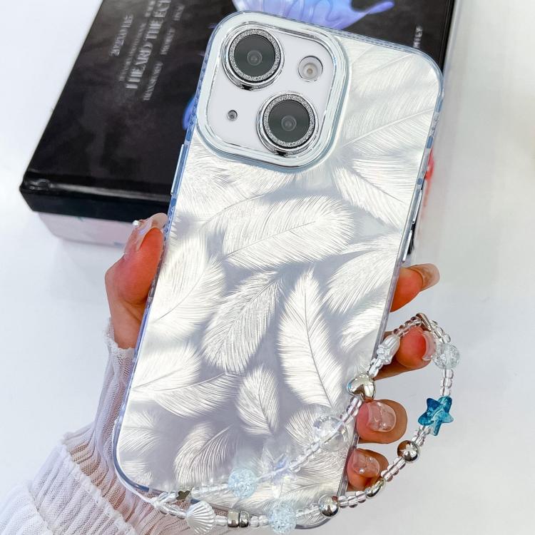 For iPhone 15 Plating Glitter Texture Chain Wristband TPU Phone Case with Lens Film