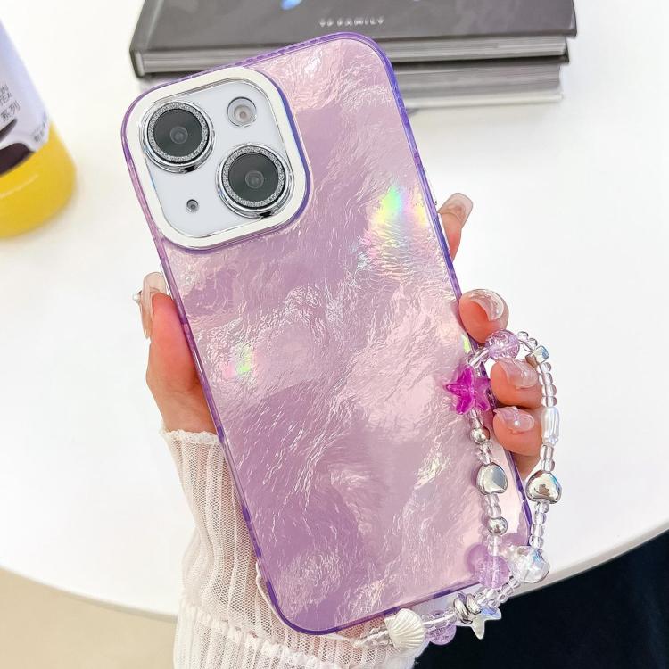 For iPhone 15 Plating Glitter Texture Chain Wristband TPU Phone Case with Lens Film