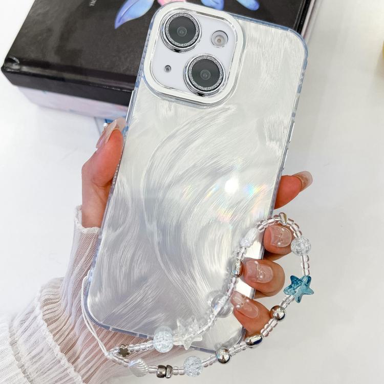 For iPhone 14 Plating Glitter Texture Chain Wristband TPU Phone Case with Lens Film