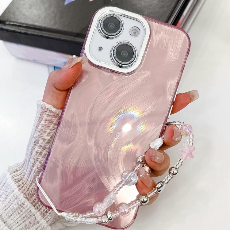 For iPhone 14 Plating Glitter Texture Chain Wristband TPU Phone Case with Lens Film