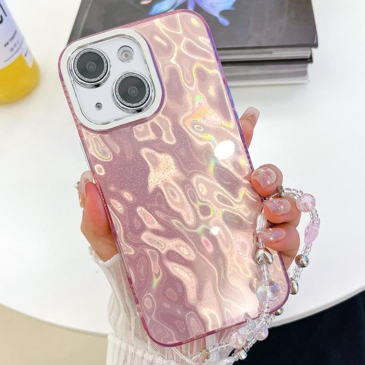 For iPhone 14 Plating Glitter Texture Chain Wristband TPU Phone Case with Lens Film