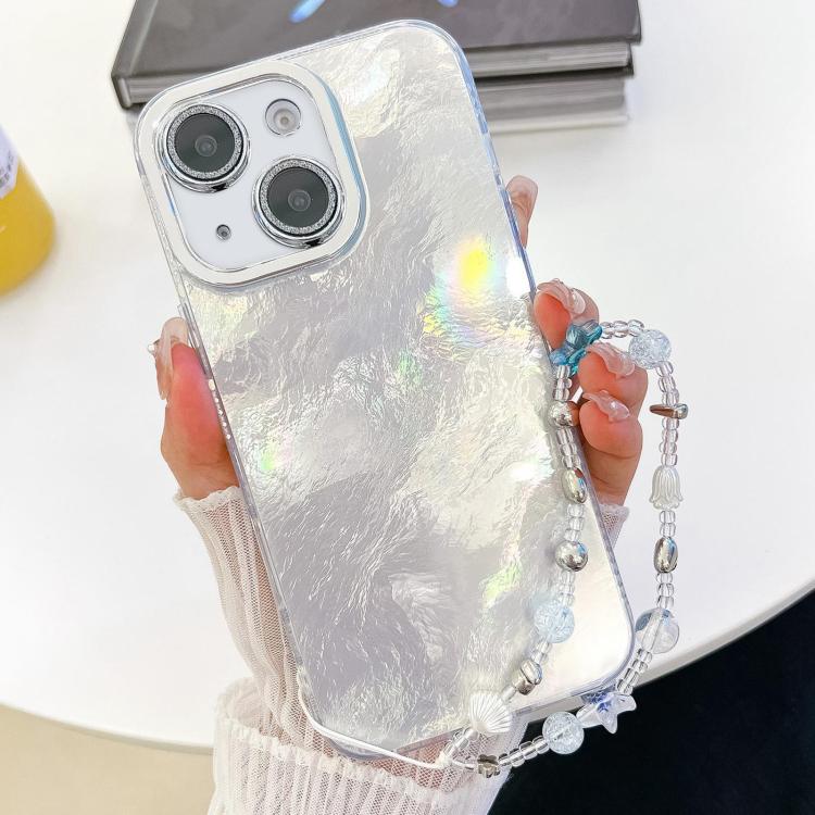 For iPhone 14 Plating Glitter Texture Chain Wristband TPU Phone Case with Lens Film