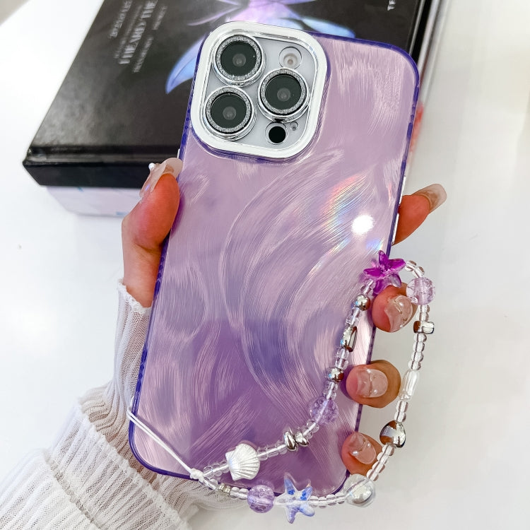 For iPhone 14 Pro Max Plating Glitter Texture Chain Wristband TPU Phone Case with Lens Film