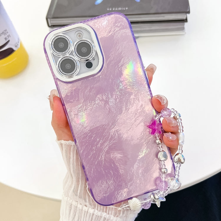 For iPhone 14 Pro Max Plating Glitter Texture Chain Wristband TPU Phone Case with Lens Film