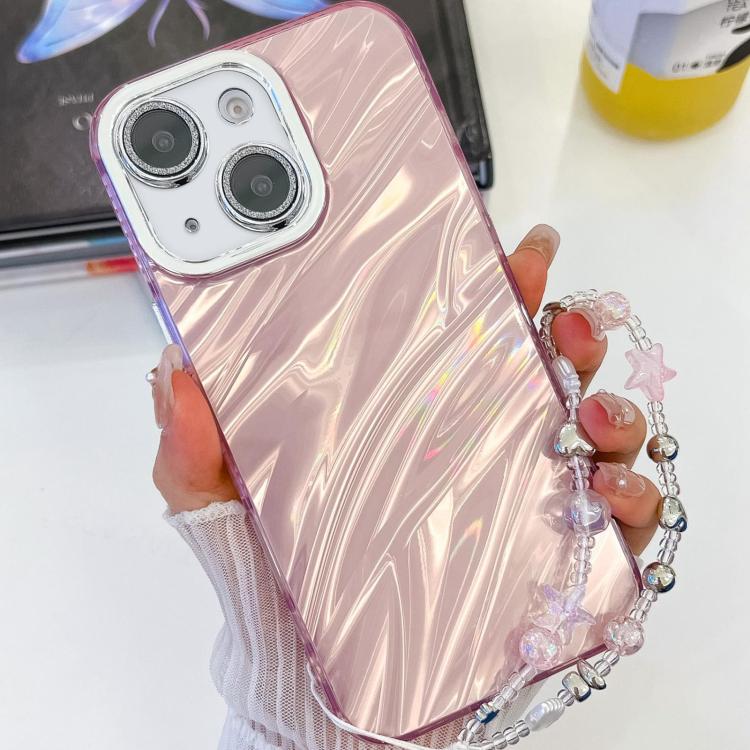 For iPhone 13 Plating Glitter Texture Chain Wristband TPU Phone Case with Lens Film