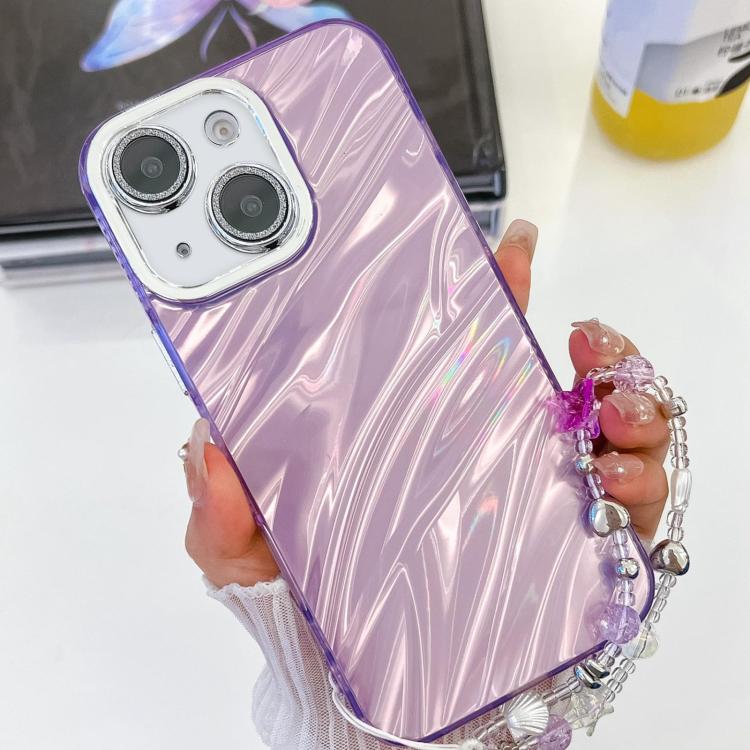 For iPhone 13 Plating Glitter Texture Chain Wristband TPU Phone Case with Lens Film