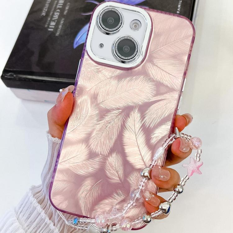 For iPhone 13 Plating Glitter Texture Chain Wristband TPU Phone Case with Lens Film