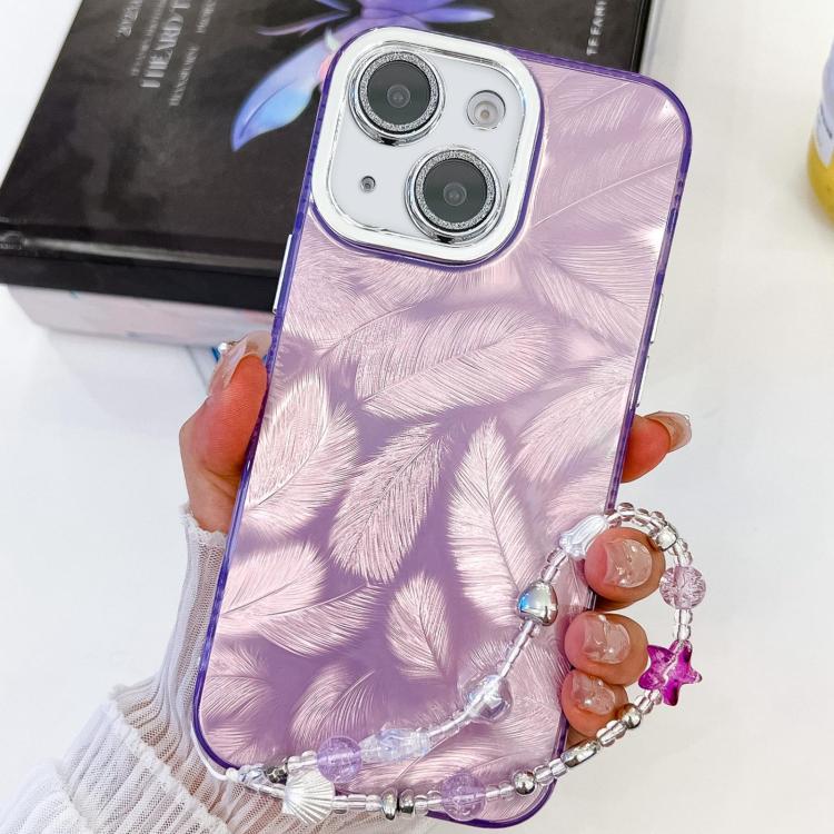 For iPhone 13 Plating Glitter Texture Chain Wristband TPU Phone Case with Lens Film